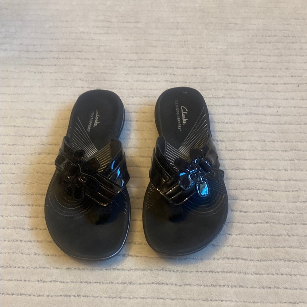 Clarks Glossy Black Slide Sandals